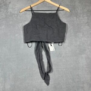 Miou Muse Womens Crop Top Small Gray Linen Tie-Back Tank Adjustable‎ Straps NEW